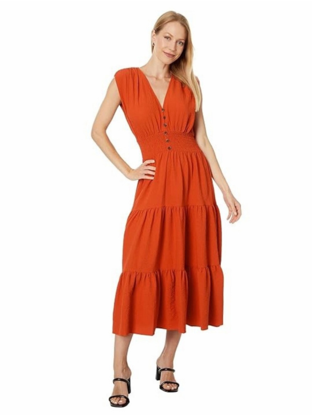 Calvin Klein Women's Gauze V-Neck Tiered Skirt Midi Dress Clay Orange, Women's 8
